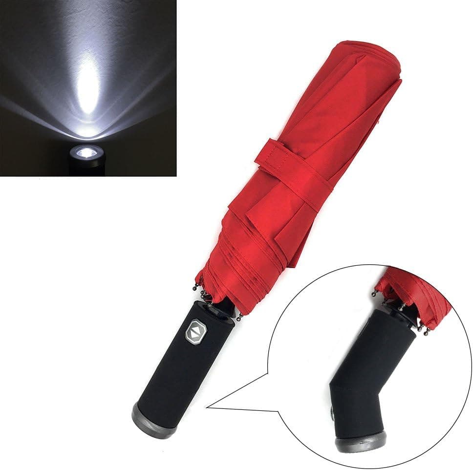 Indeedbuy Fold Red Umbrella with Flashlight Automatic Travel Golf Umbrella Light Torch in Handle