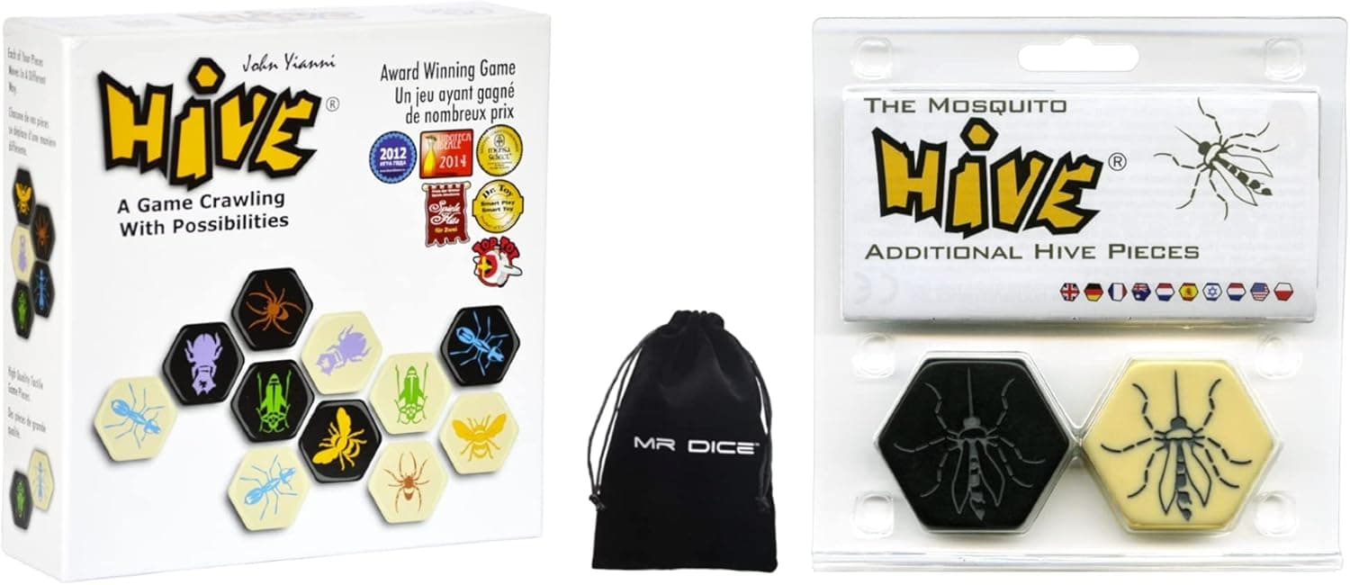 Original Hive Board Game - Crawling with Possibilities and Mosquito Expansion Pieces Bundle with Mr Dice Drawstring Bag
