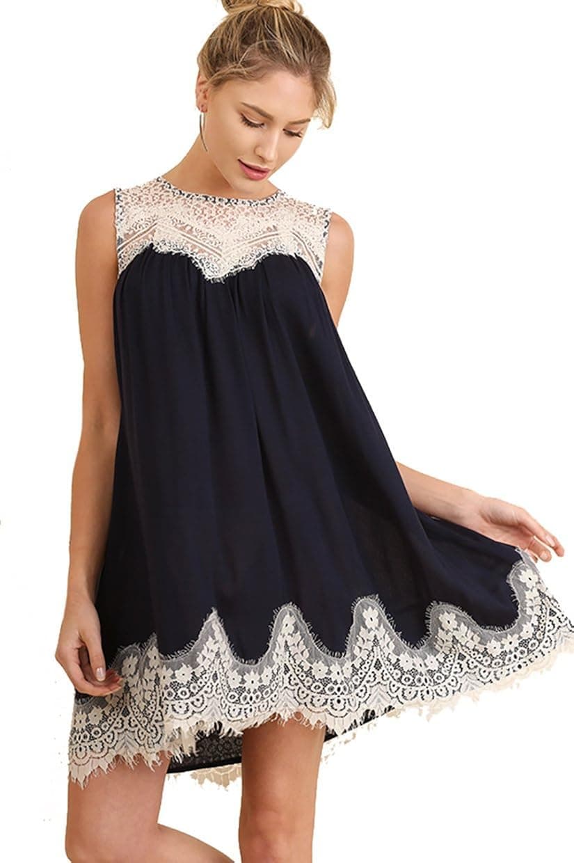 Umgee Womens Summer Fashion Boho Style Lace Trim Neckline and Gauze Poly Cotton Dress