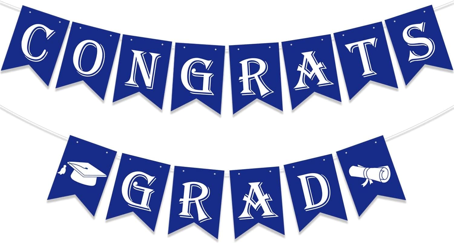 PTFNY Congrats Grad Banner Blue White Graduation Bunting Banner Garland with Graduation Cap and Diploma Signs Class of 2023 Graduation Party Decorations Supplies for High School College Grad