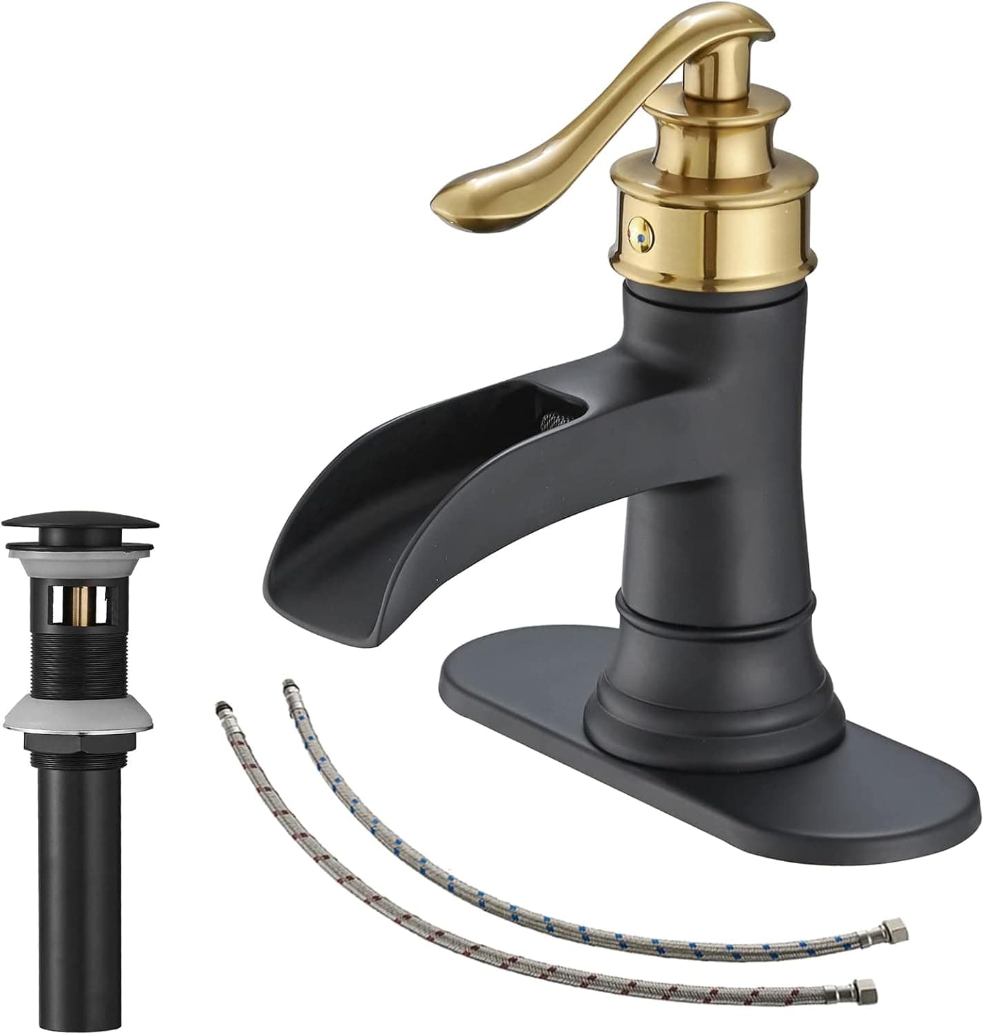 BATHLAVISH Black and Gold Bathroom Faucet Waterfall Sink Single Hole with Pop Up Drain with Overflow Single Handle Vanity Lavatory Farmhouse Tap Deck Mounted