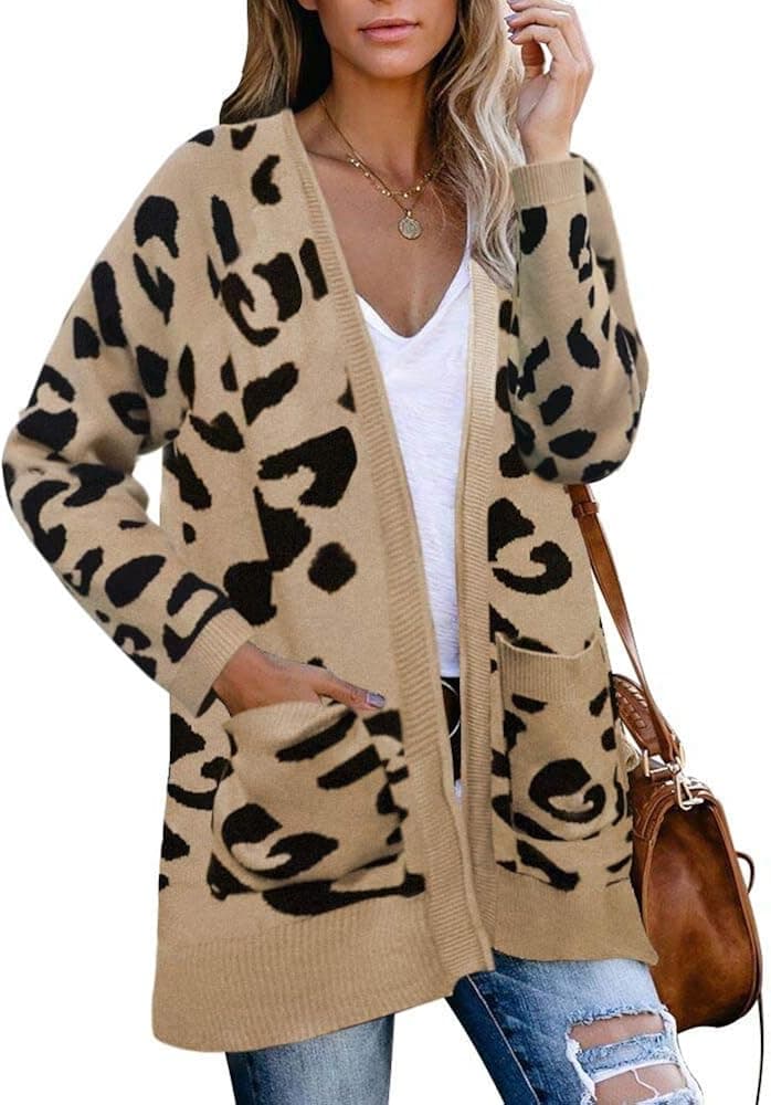 ETCYY Womens Long Sleeve Knit Cardigan Sweater for Women Casual Loose Leopard Coat Outwear with Pockets