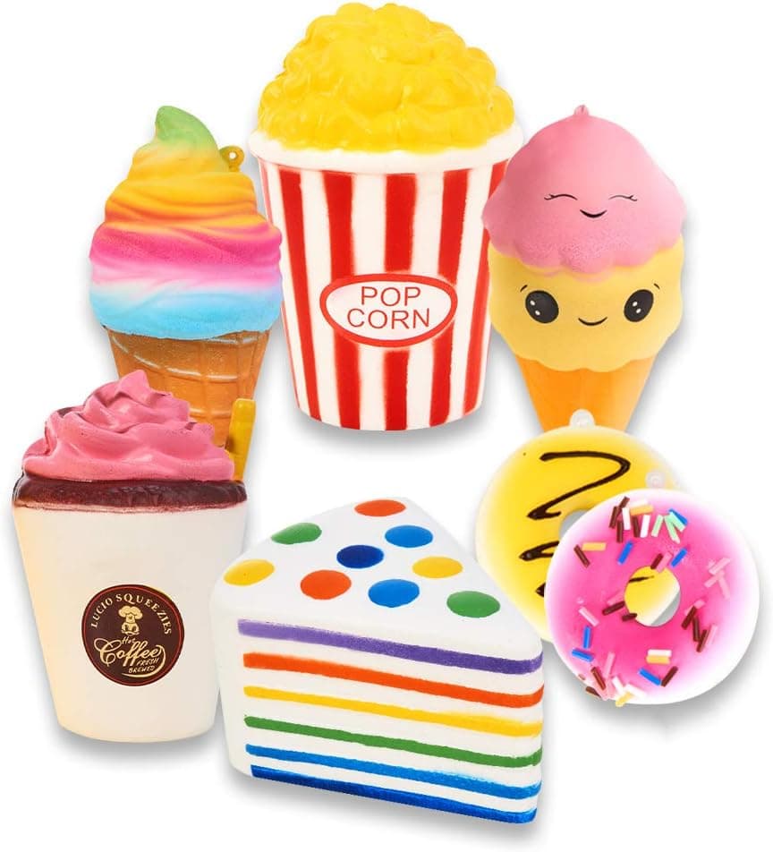 Slow Rising Jumbo SQUISHIES SET PACK of 7 - Rainbow Triangle Cake, Frappuccino, Popcorn, Donuts X2 & Ice Cream X2, Kawaii Squishy Toys or Stress Relief Toys Sticker Come With the Squishys