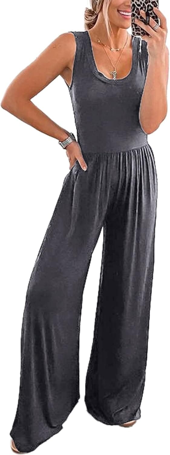 PRETTYGARDEN Women’s Summer Sleeveless Tank Jumpsuits High Waist Low Cut Casual Scoop Neck Fit And Flare Long Pants Rompers