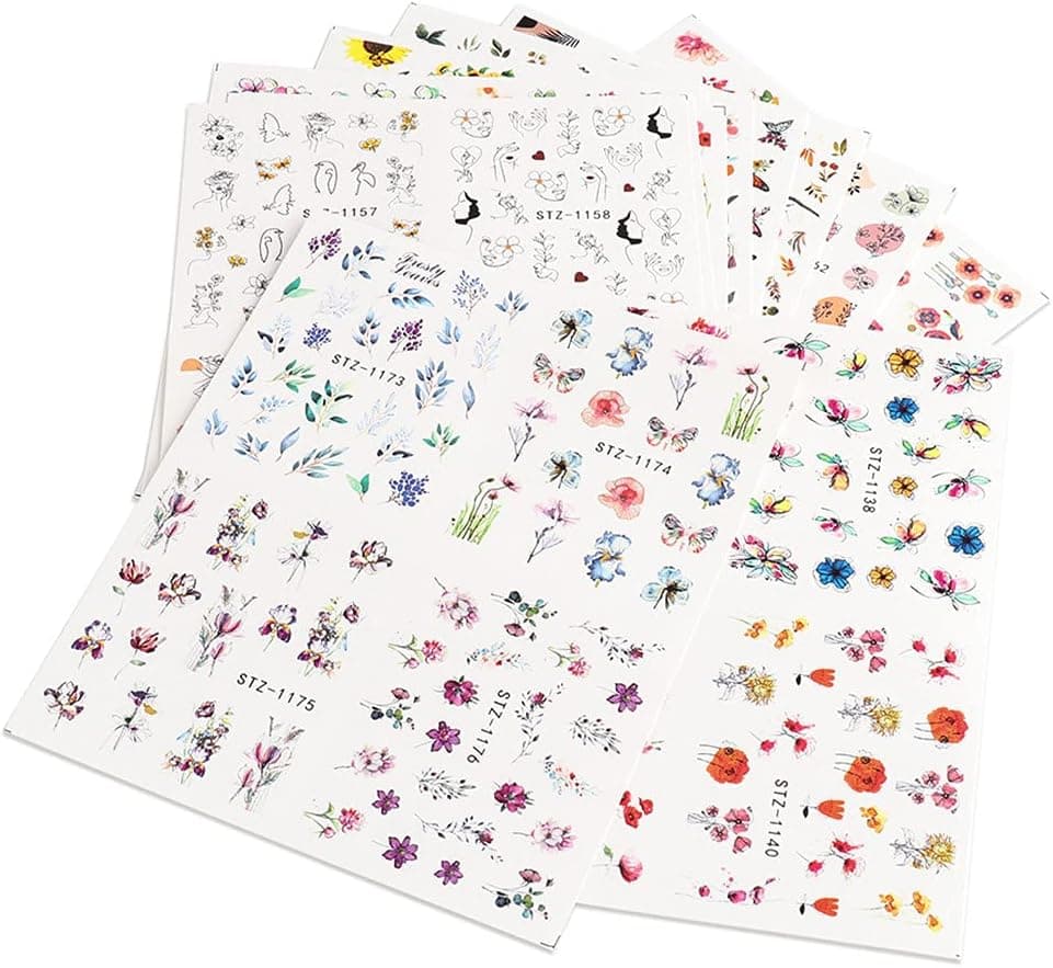 44 Sheets Nail Stickers Nail Art Adhesive Sticker ,Different Butterflies Sunflowers Geometric Face Cherry Blossoms Shapes Nail Art Decoration Water Transfer Sticker Accessories Decals