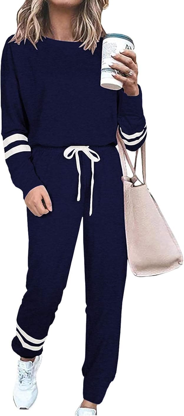 Necosthua Women's Jogger Set Long Sleeve Sweatsuits Tracksuits Pullover Tops Sweatpants 2 Pcs Outfits Lounge Pajama Sets (Navy Blue-2, Medium)