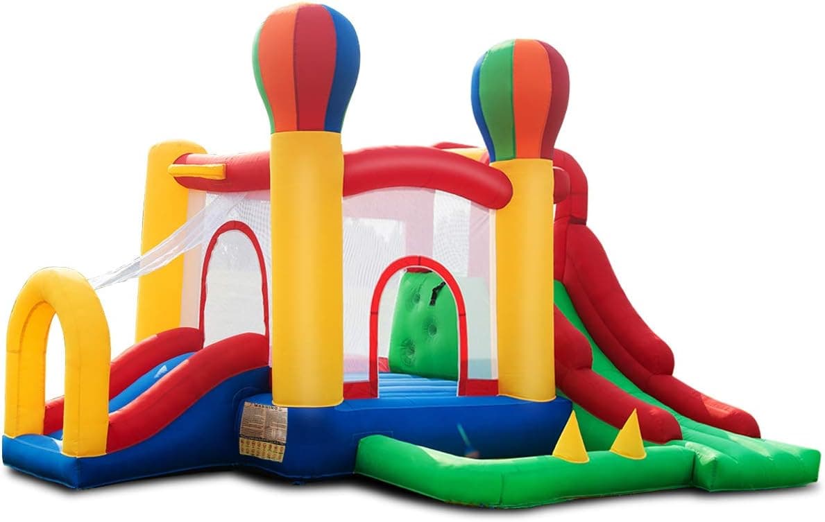 Costzon Inflatable Bounce House, 6 in 1 Mighty Balloon Double Slide Bouncer with Basketball Hoop, Climbing Wall, Large Jumping Area, Ideal Kids Jumper (Without Blower)