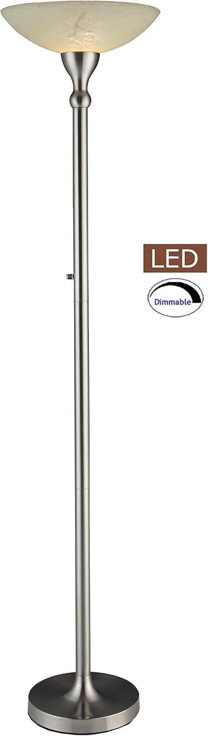 Artiva USA LED Torchiere Floor Lamp with Hand-Painted Alabaster Glass Shade, Dimmer, Satin Nickel