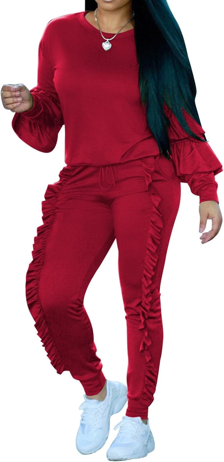 Speedle Women's 2 Pieces Outfits Ruffled Sweatshirt + Long Pants Sweatsuits Set Tracksuits