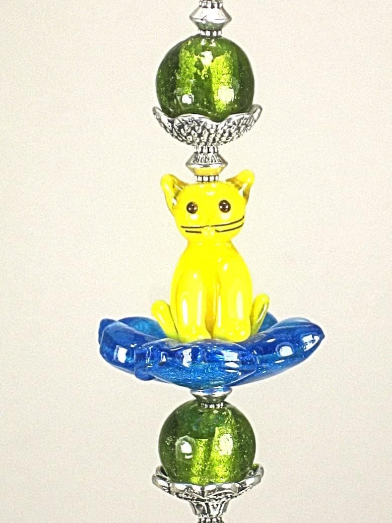 Green and Blue Flower Glass with Yellow Cat Ceiling Fan Pull Chain