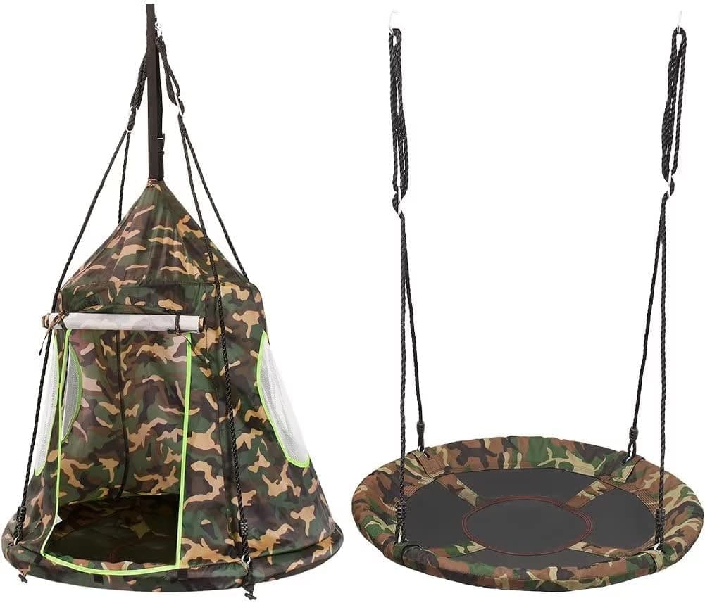 Zupapa 2023 Latest Upgrade 40’ Tree Swing Saucer Swing with Super Load-Bearing 1000D Oxford Waterproof Detachable Tent Included Indoor and Outdoor Backyard 2 in 1 Playhouse (Camouflage)