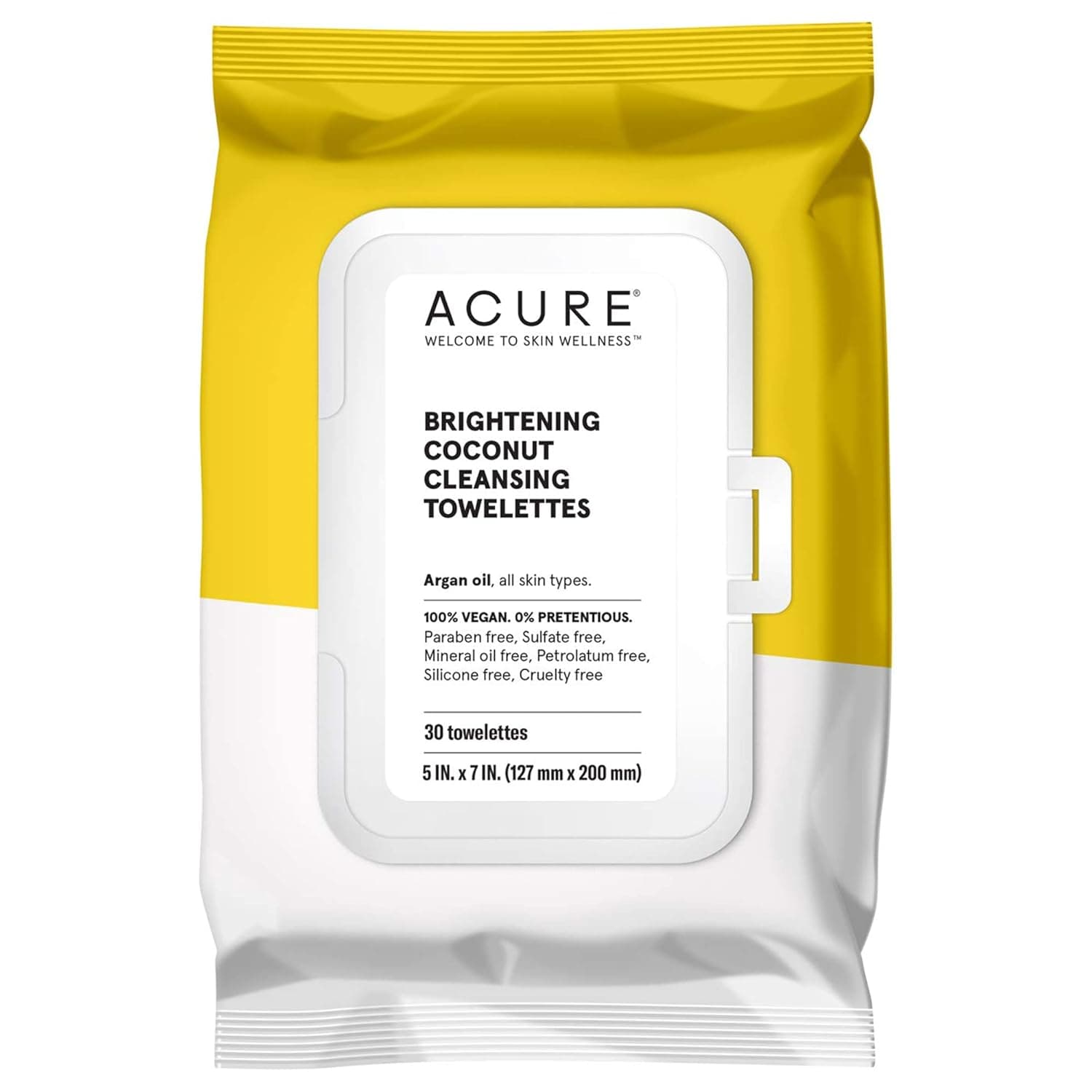 Acure Brightening Cleansing Towelettes | 100% Vegan | For A Brighter Appearance | Argan Oil - Gently Removes Makeup and Cleanses | Simply Wipe & Go | All Skin Types | Pack Coconut 1 Count