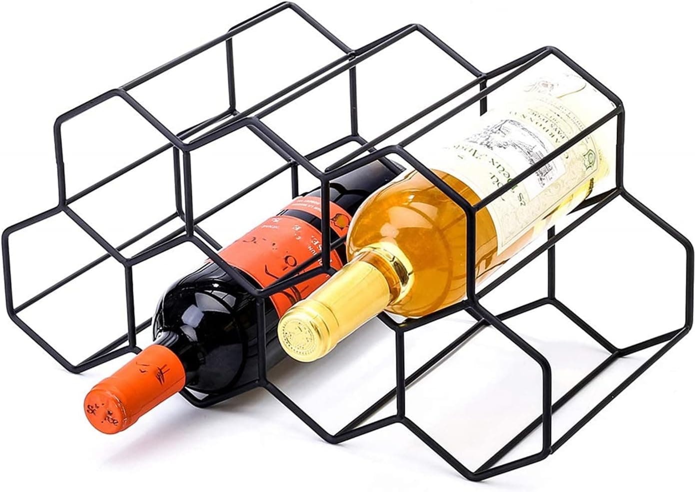 CMCNCBC Black Metal Wine Rack Freestanding, Tabletop Wine Rack Holder, Countertop Wine Bottle Holder - Geometric Design for Wine Cellar Bar Cabinet (Black - 9 Bottles)