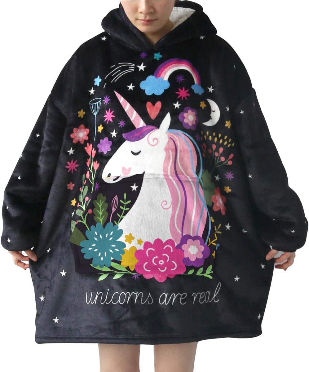 Sleepwish Cartoon Unicorn Fleece Wearable Blanket Black Pink Poncho Blanket Wrap with Soft Sherpa Lightweight Cozy Oversized Hoodie Blanket for Women and Men