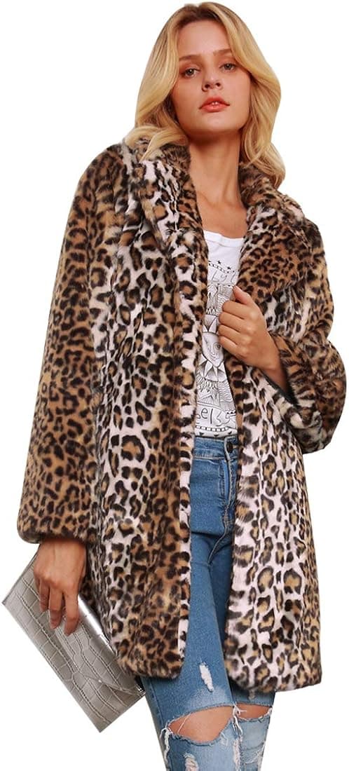 MilkyWay Women Warm Long Sleeve Parka Faux Fur Coat Overcoat Leopard Fluffy Top Jacket