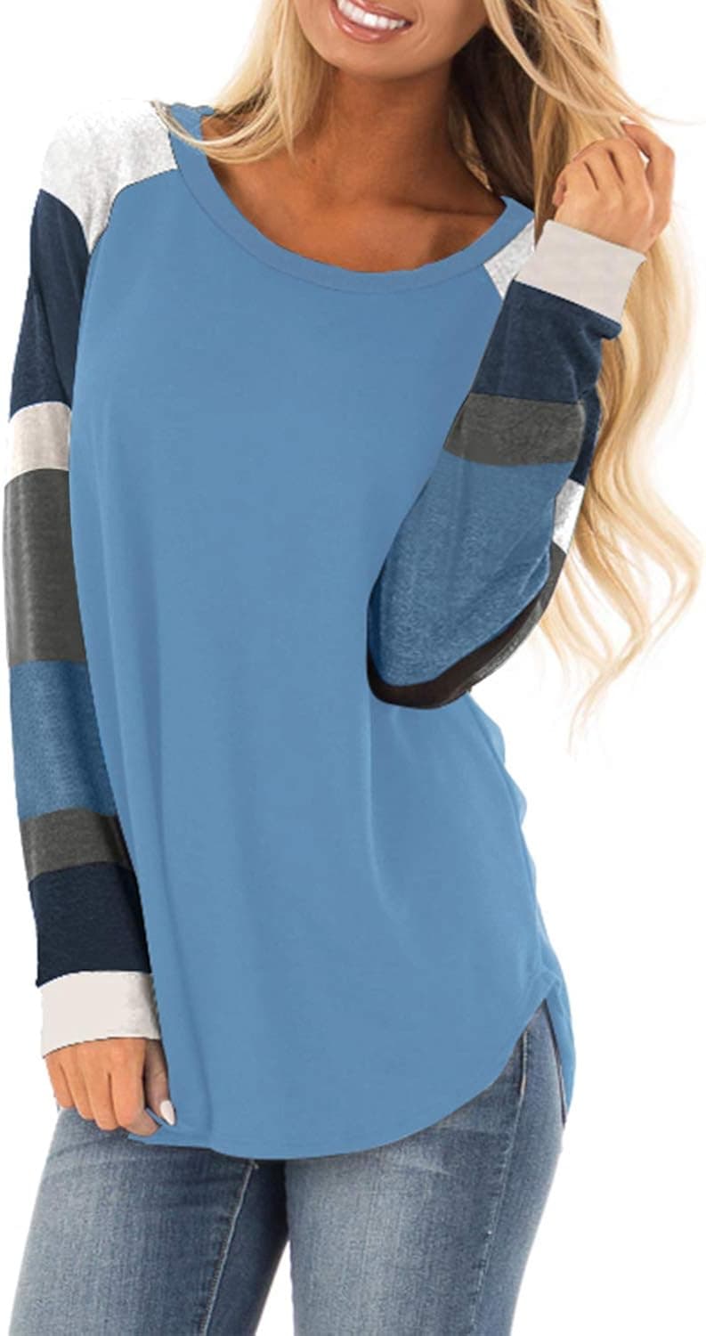 QACOHU Women's Sweatshirts Long Sleeve Tshirt Casual Lightweight Sweatshirts Pullover Light Blue-XL