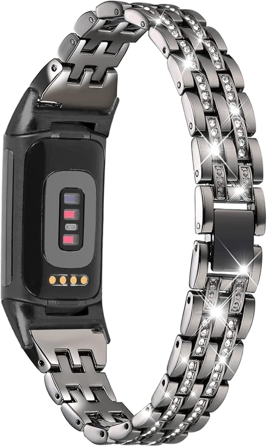 Mtozon Bling Bands Compatible with Fitbit Charge 5, Metal Bracelet Luxurious Rhinestone Replacement Wristband for Women, Silver Black Gold