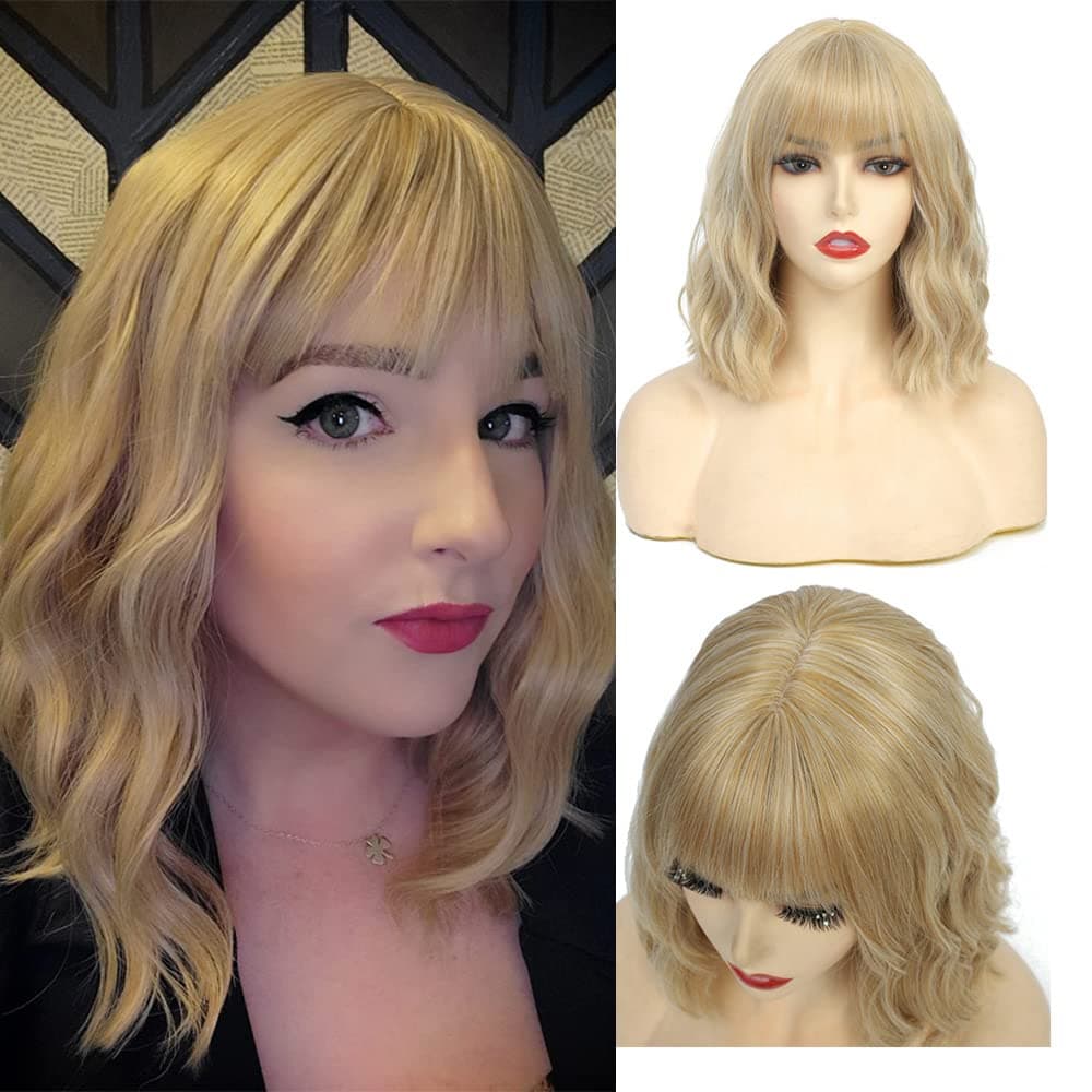 SHINYSHOW Short Bob Wigs with Air Bangs Natural Wavy Women's Shoulder Length Wigs Mixed Blonde Synthetic Colorful Wigs 12 Inch