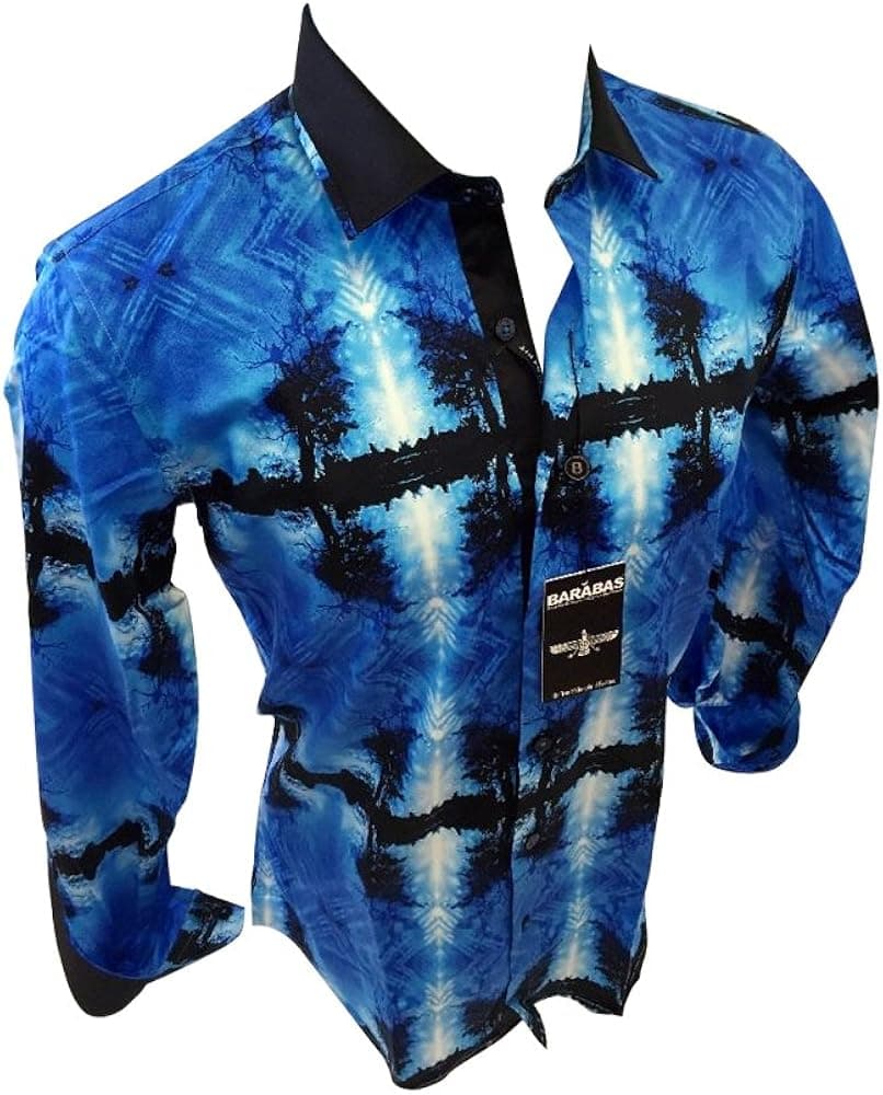 Men's Barabas El Chapo Designer Woven Dress Shirt Abstract Trees Blue Button Up Classic Fit 6017