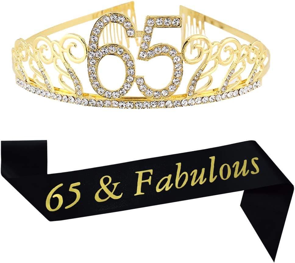 65th Birthday Tiara and Sash, Glitter Sash and Crystal Rhinestone Tiara Crown for Happy 65th Birthday Party Supplies Favors Decorations Cake Topper