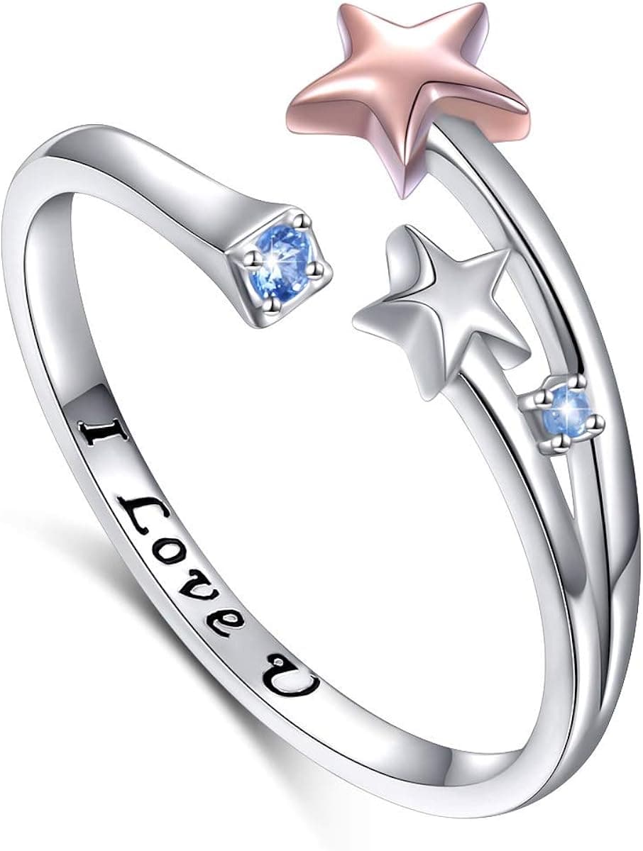 FLYOW 925 Sterling Silver Adjustable Rose Gold Shooting Star Open Ring Engrave I Love You for Women