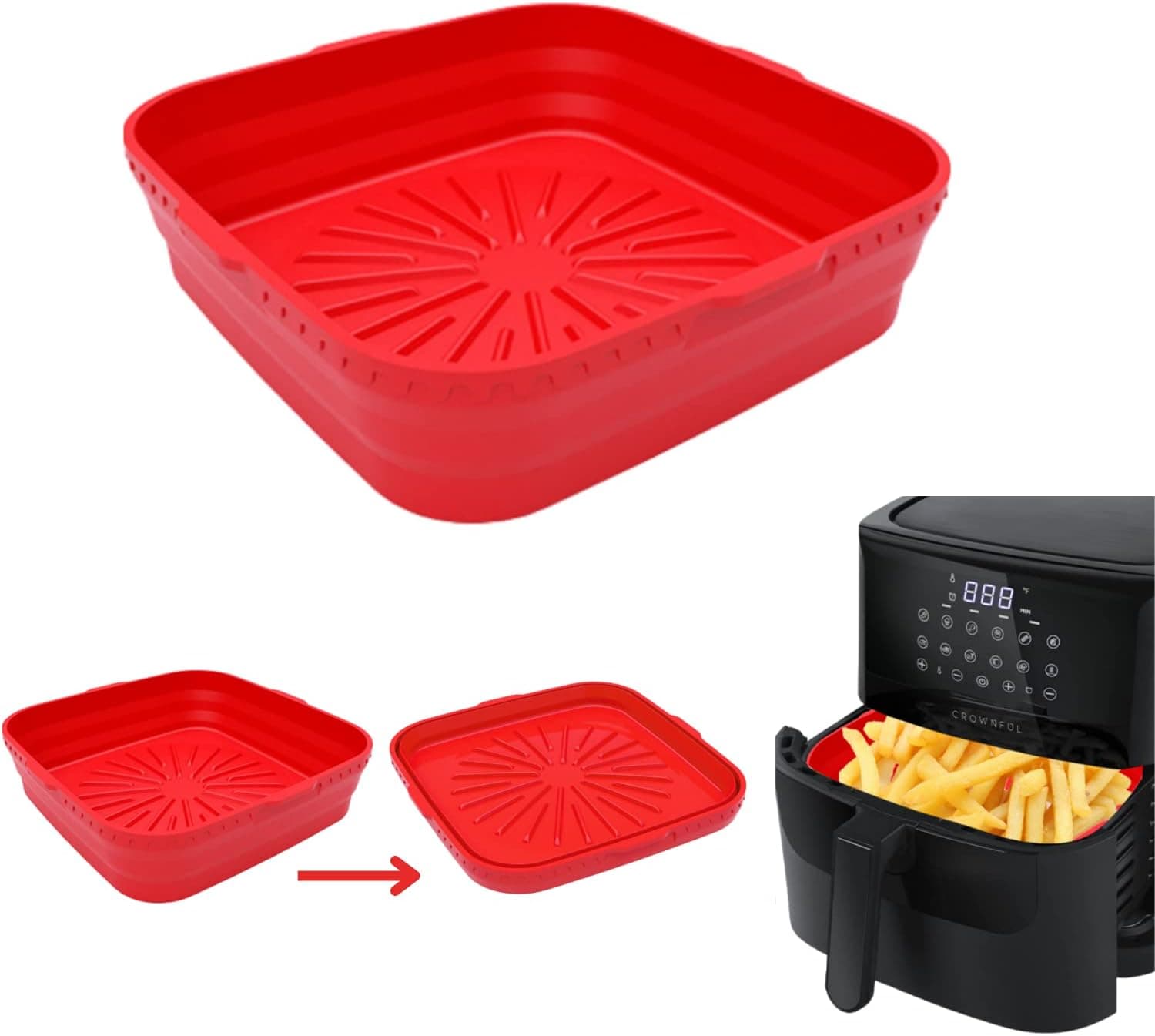 Air Fryer Silicone Liners Square, 8.5 Inch Foldable Air Fryer Basket Silicone Pot Non-Stick Air Fryer Oven Accessories for 5 QT to 7 QT, Red