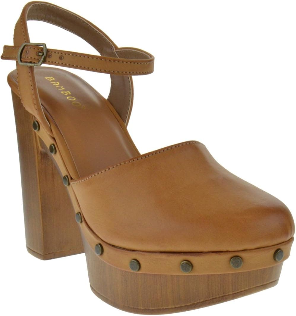 BAMBOO Juliana 01V Faux Wooden Chunky Heeled Studded Clogs Tan
