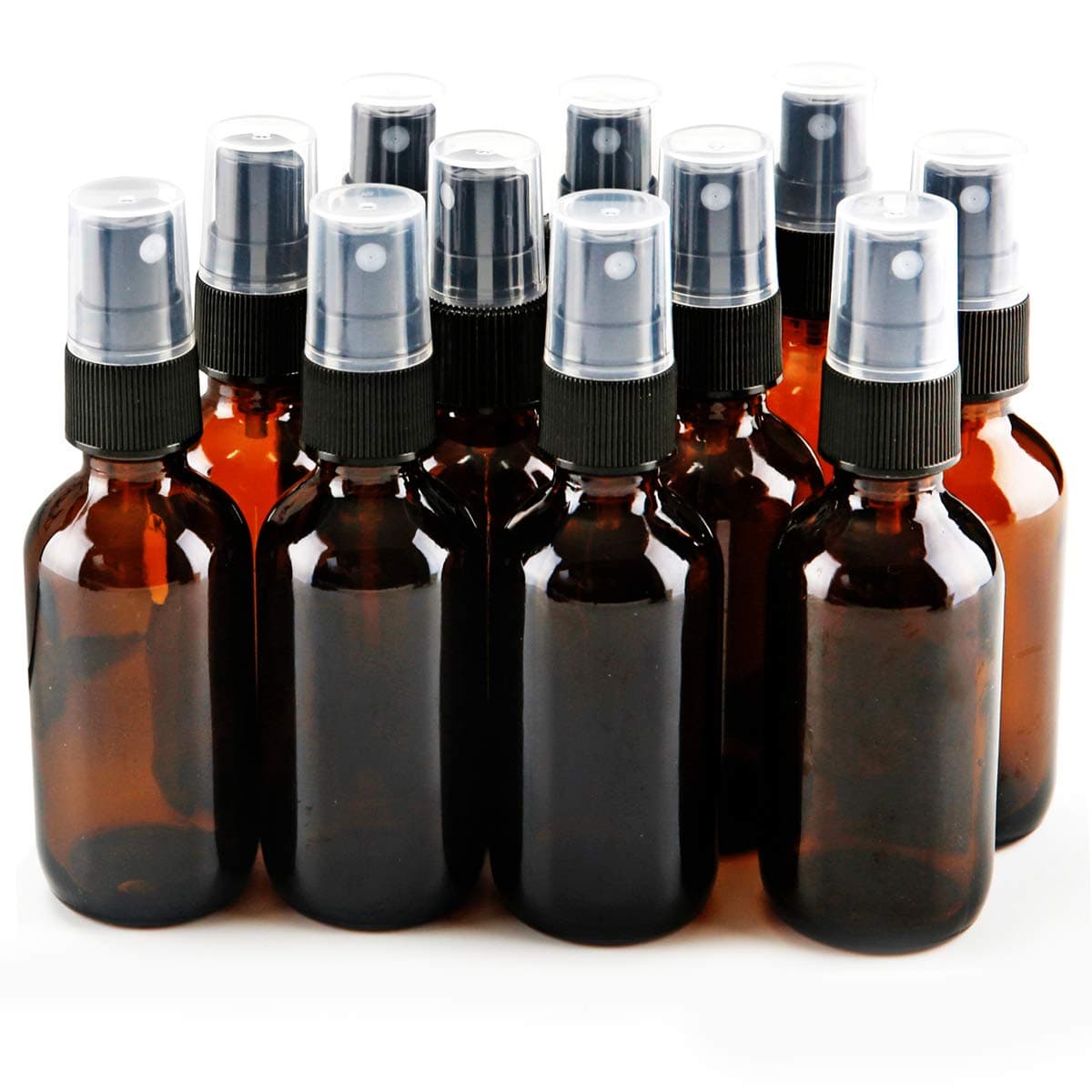 60ml (2oz) Amber Glass Boston Round Bottle with Black Fine Mist Sprayer, Pack of 12