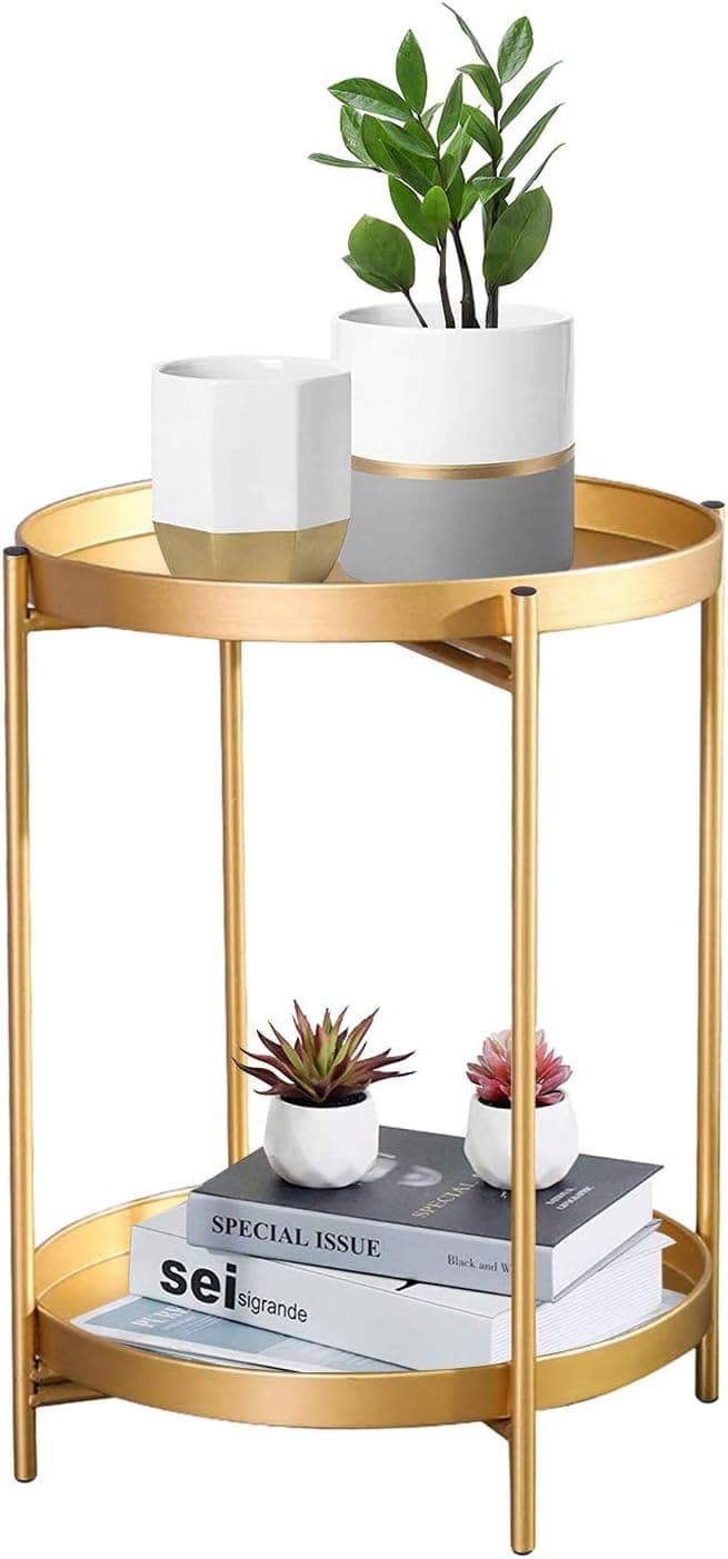 Joveco Side Table 2-Tier Metal Round End Table with Removable Tray (2-Tier Gold)