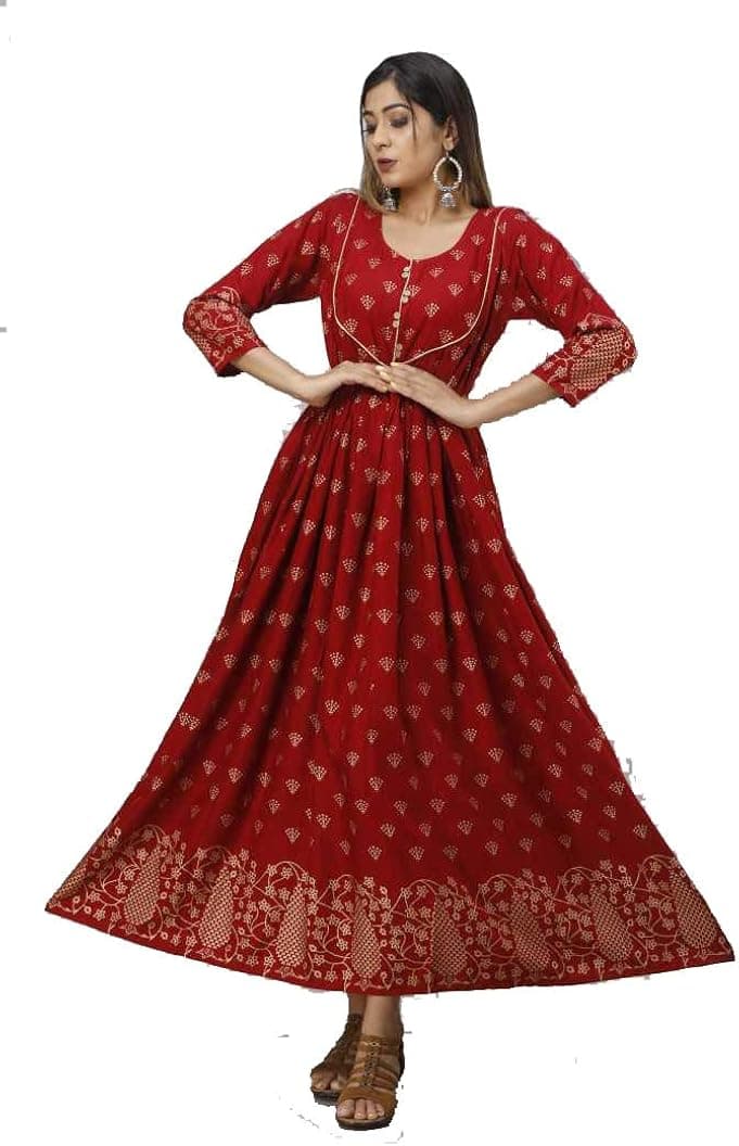 DREAMANGEL FASHION Women Rayon Gold printed Round Neck Anarkali Ocassional Wear kurta