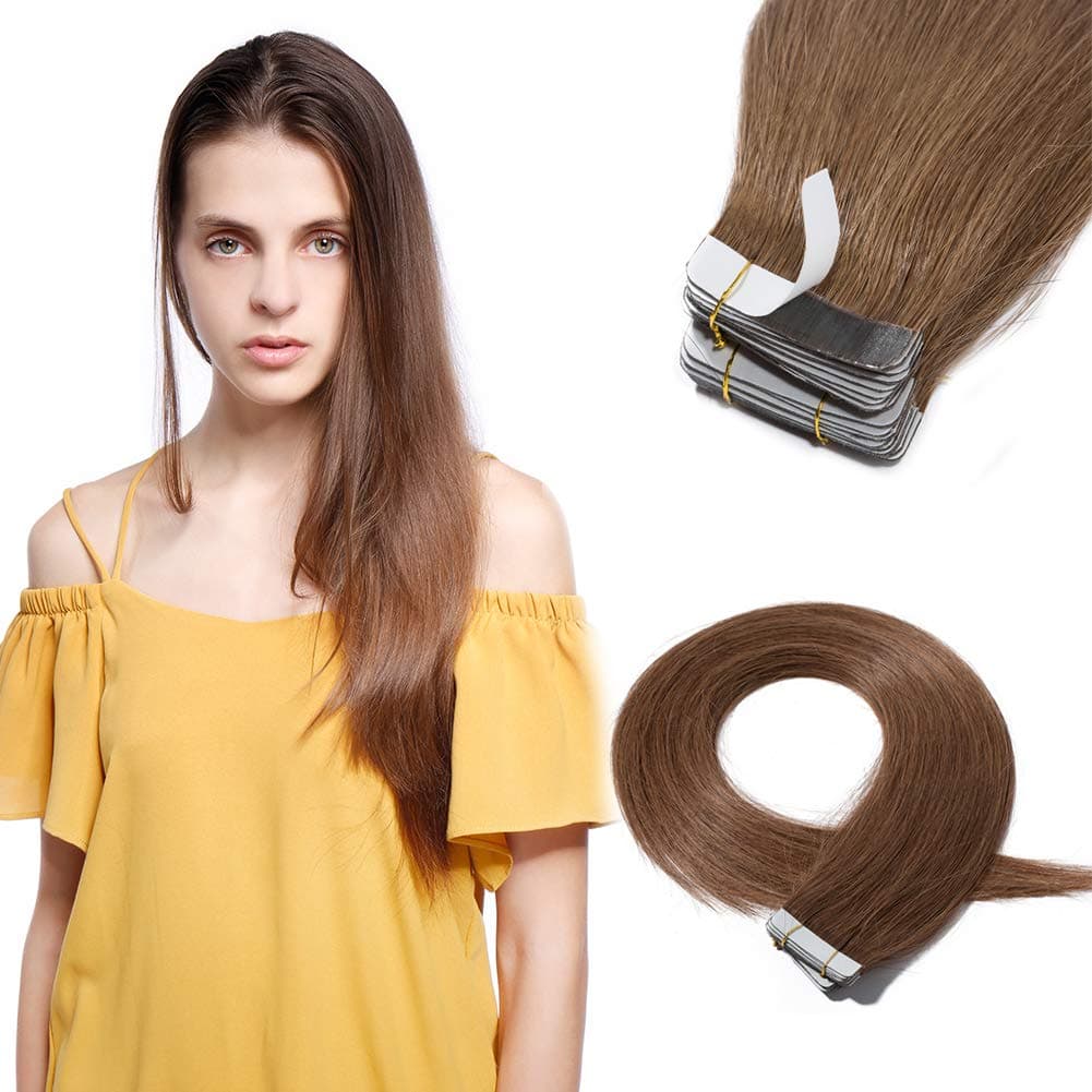Tape in Human Hair Extensions 22 inches Grade 6A 16-22inch Double Side Tape Seamless Skin Weft Natural Hair Extensions Long Soft Straight Silky (22" 30g,#6 Medium Brown)