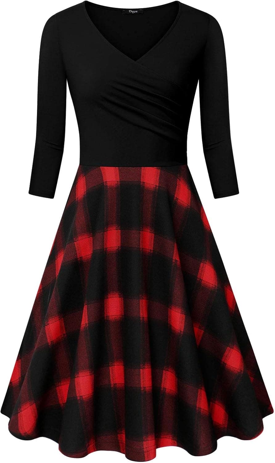 Ckuvysq Women's Cross V Neck Dresses 3/4 Sleeve Flared A Line Dress