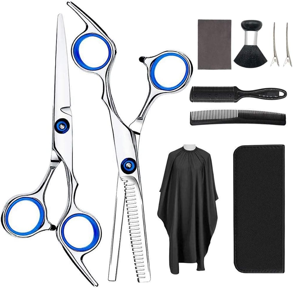 Professional Hair Cutting Scissors Set,10PCS Hairdressing Scissors Kit, Home Barber Scissors Kit, Thinning Shears with Stainless Steel Hair Shears, Hair Razor Comb, Neck Duster Brush, Clips, Cape