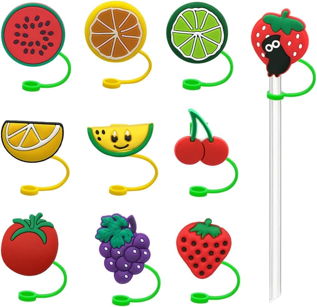 Silicone Fruit Straw Cover - 10 Pack Cute Reusable Drinking Straw Caps Lids Dust-Proof Straw Plugs for Straw Tips for Home Kitchen Accessories (Fruit Straw Cover)