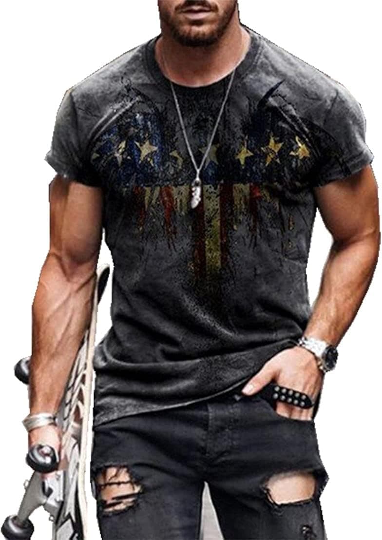 Chaos World Men's Independence Day USA Flag T-Shirt Round Neck Gym Sport Casual Wear