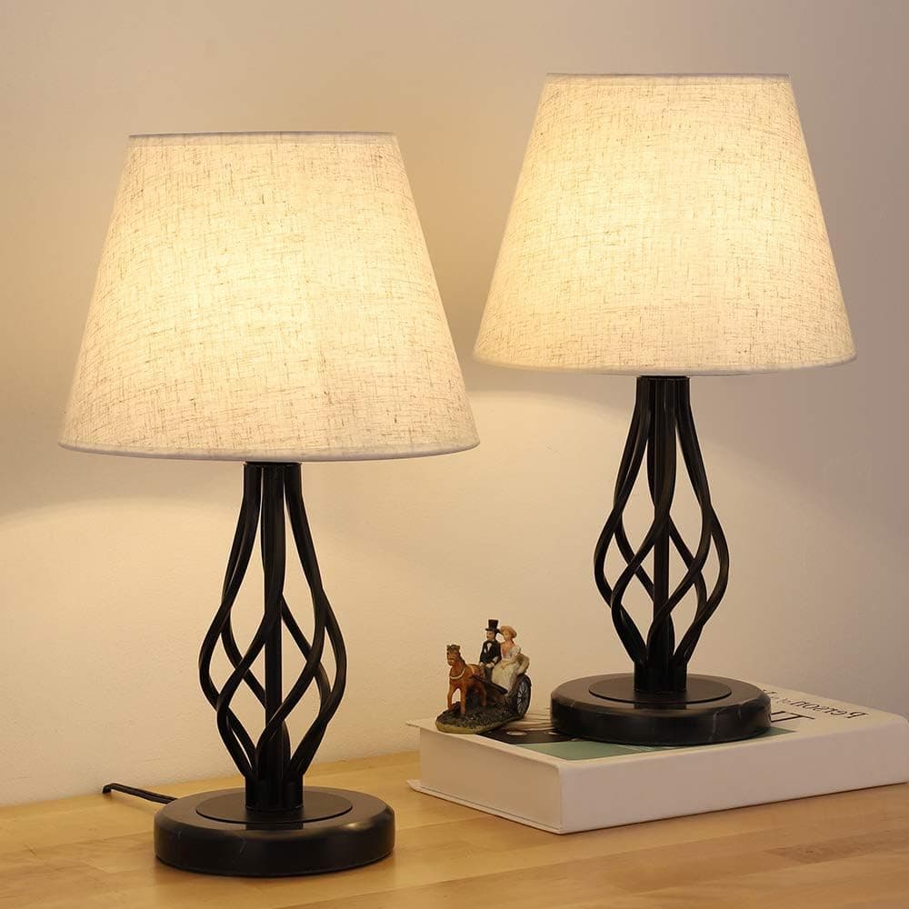 ETELI Modern Table Lamps Set of 2 Black Iron Scroll Tapered with Marble Base Bedside Nightstand Small Lamps for Living Room Bedroom Bedside Nightstand Office College Dorm