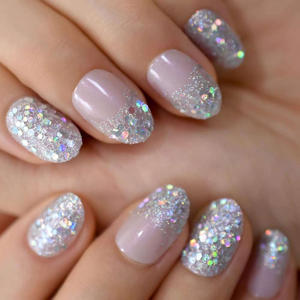 EchiQ Holographic Silver Glitter Press On Nails Short Style Daily Wear Nude Pink Lady False Nails Oval Shape Nail Art Tips