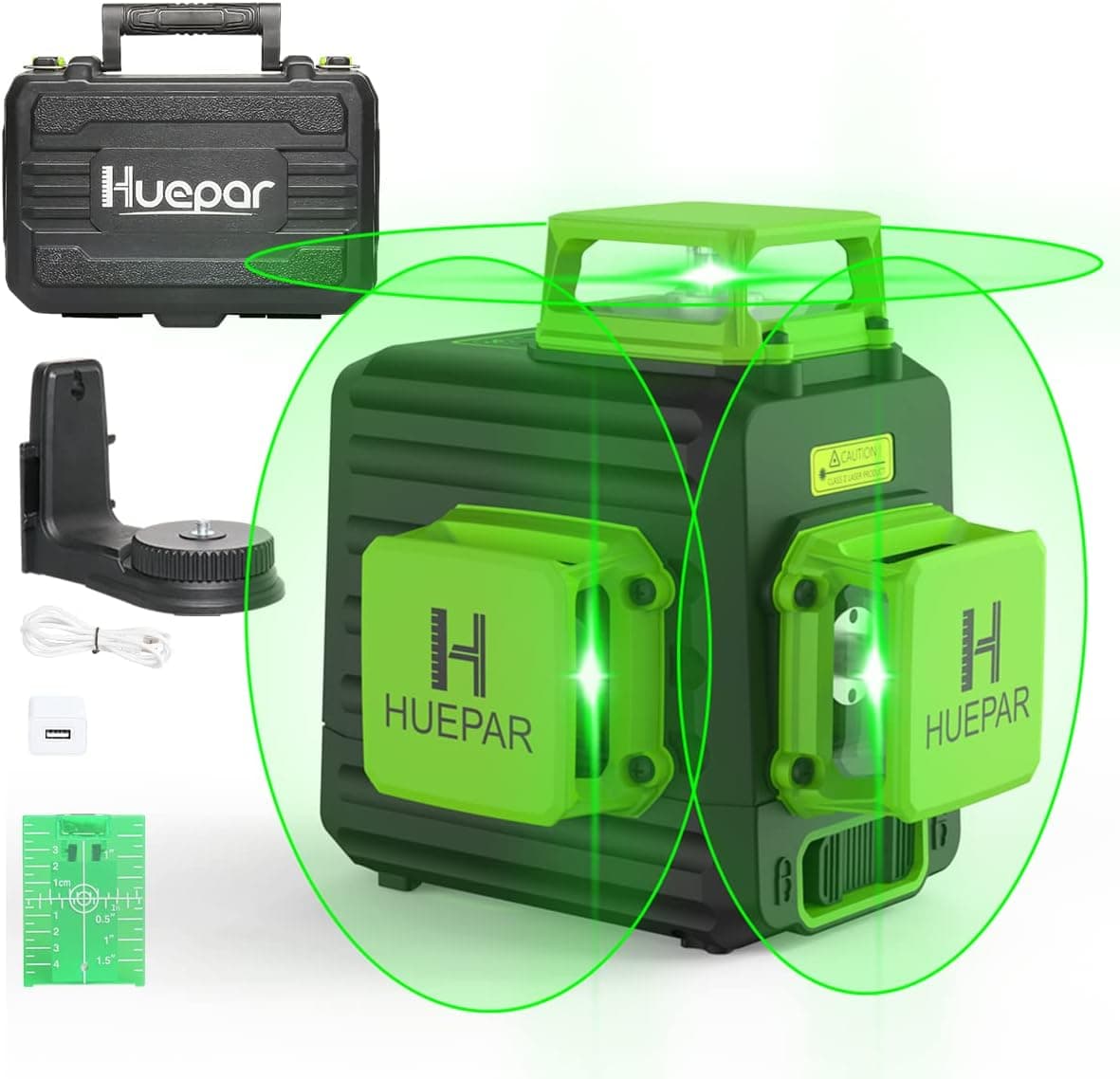 Huepar 3D Cross Line Self-leveling Laser Level 3 x 360 Green Beam Three-Plane Leveling and Alignment Laser Tool, Li-ion Battery with Type-C Charging Port & Hard Carry Case Included - B03CG Pro