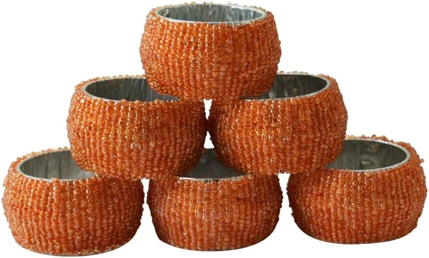 Ajuny Set of 6 Orange Handmade Beaded Decorative Napkin Rings Party Table Decor Gifts