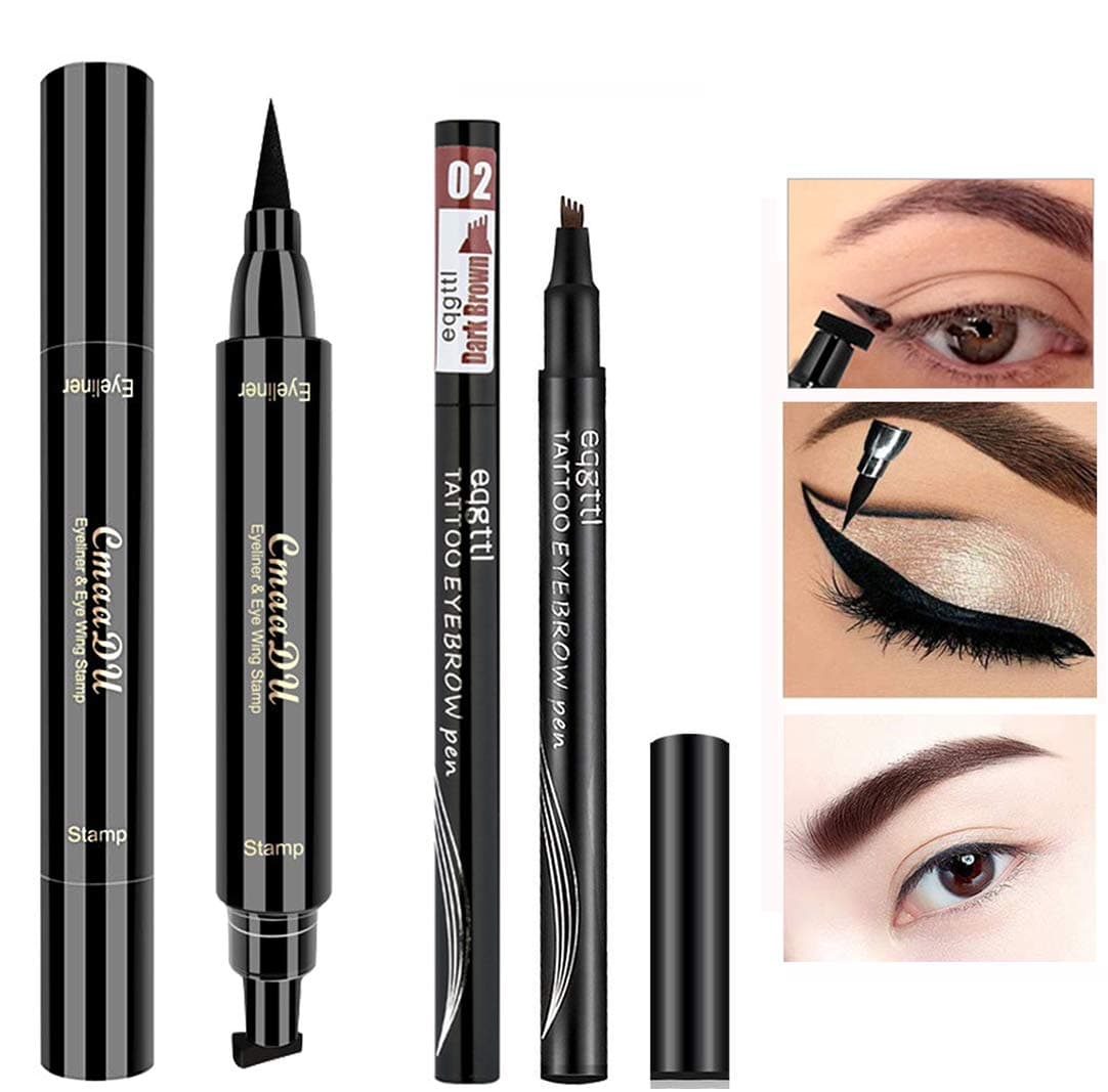 Youtre Double end Winged Eyeliner Stamp Pen,Eyebrow Pencil with Eye Makeup Long Lasting Waterproof and Smudgeproof Natural Looking Brows 2 Styles Black Dark Brown 1 Count Pack of 1