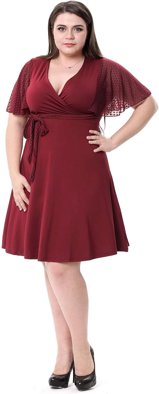 Sapphyra Women's Elegant Plus V-Neck Lace Sleeve Crochet Midi Dress Size 1X-5X