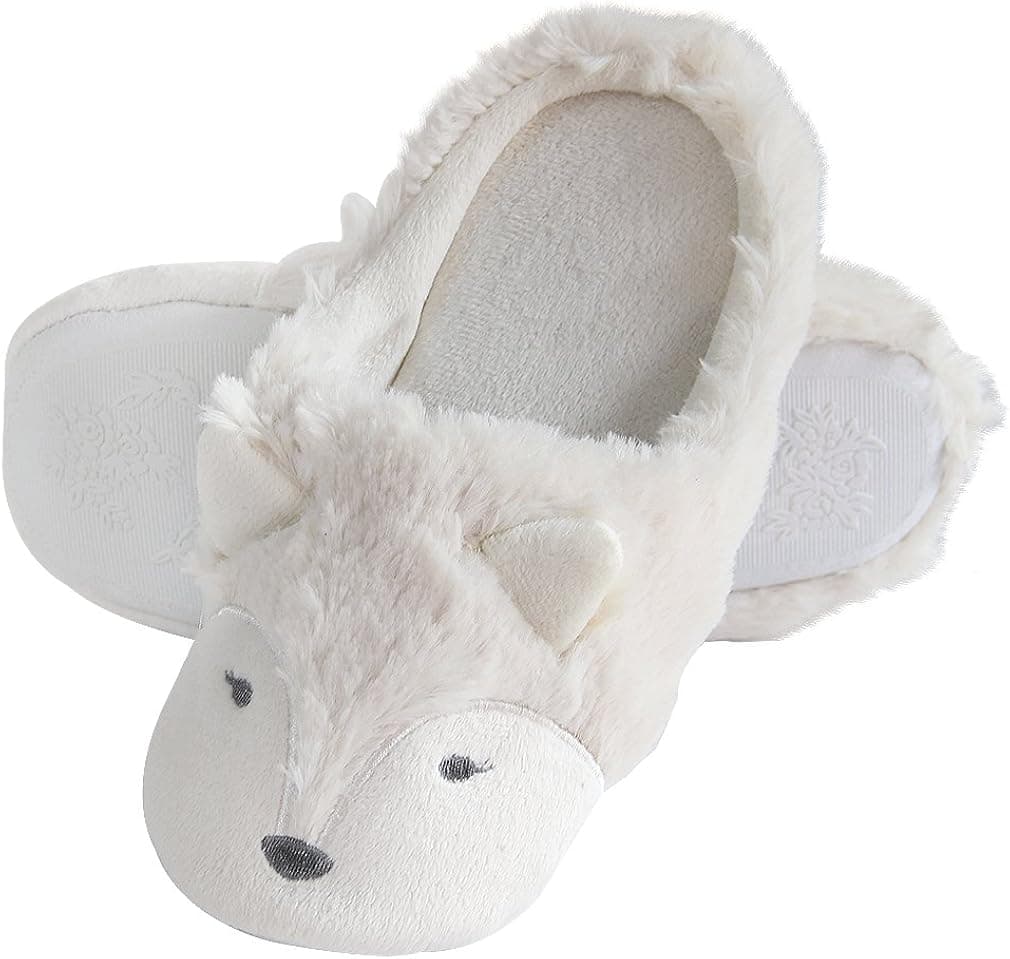 Fox Fleece Animal Slippers for Women White Grey House Slippers Indoor Outdoor
