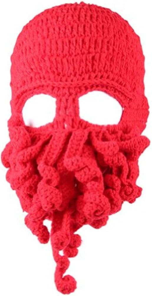Dealzip Inc® Winter Warm Novelty Unisex Mens Knitted Wool Funny Octopus Mask Beard Caps Crochet Beanies Men Cowboys Women Unisex for Halloween Crocheted Party