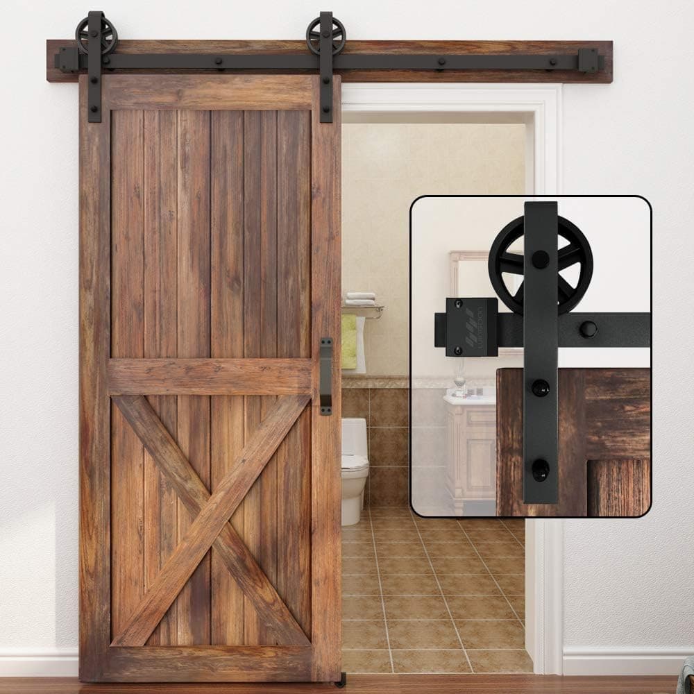 WINSOON 5-16FT Single Wood Sliding Barn Door Hardware Basic Black Big Spoke Wheel Roller Kit Garage Closet Carbon Steel Flat Track System (13FT)
