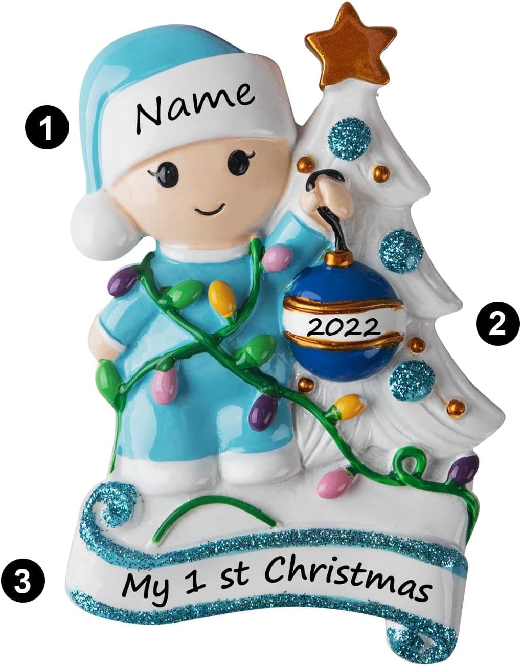 Gimomo Personalized Baby Boy First Christmas Ornament Baby Decorating Christmas Tree Blue Baby