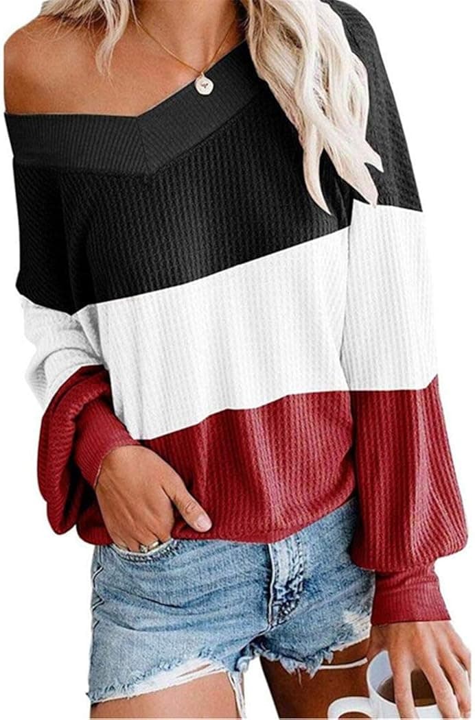 Pullover Sweater for Women Off Shoulder Long Sleeve V Neck Color Block Waffle Knit Tops X-Large Black red