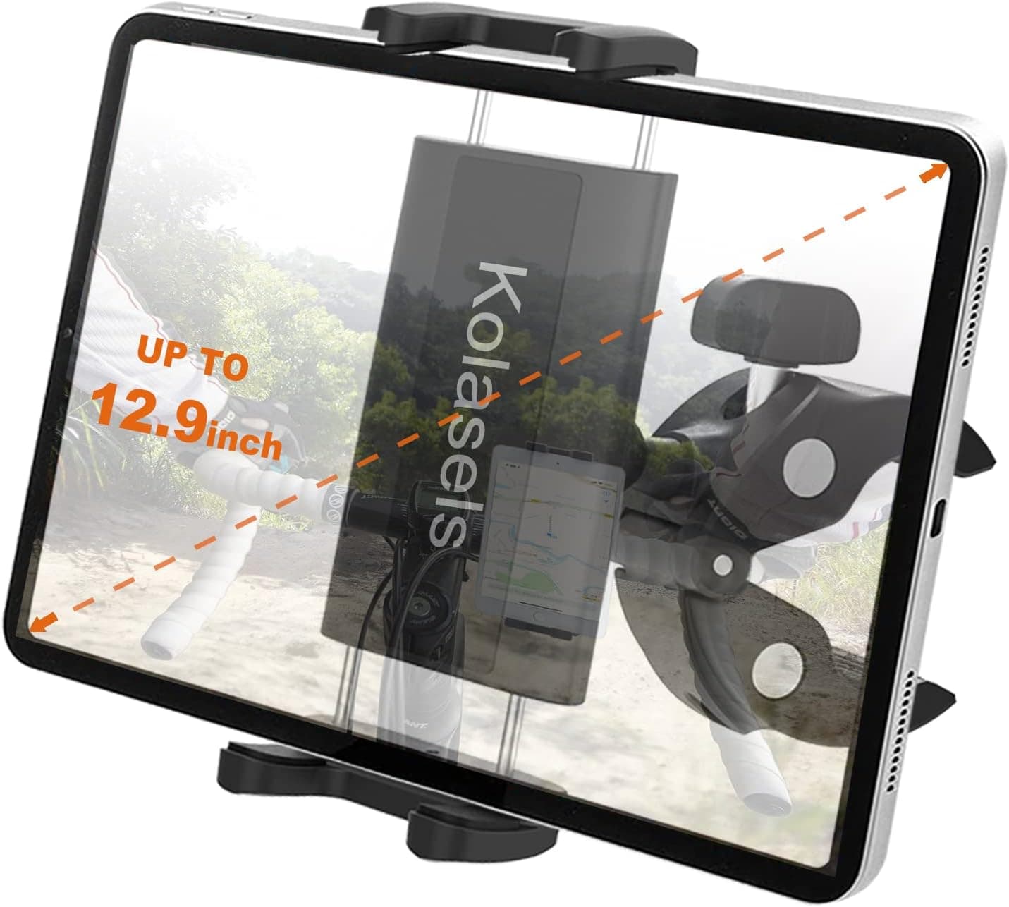 Kolasels Bike Handlebar Tablet Mount for 4-13" iPad & Phone, Motorcycle Handlebar Tablet Holder with Super C-Clamp for Microphone/Bicycle/Treadmill/Elliptical, Fit for iPad Pro, Air, Mini, iPhone etc
