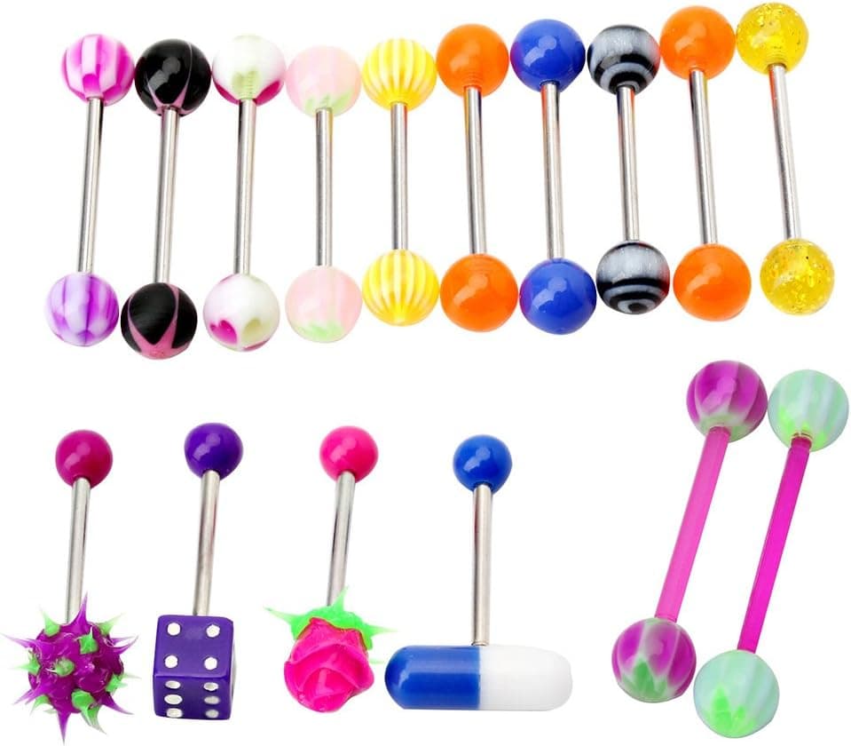 FunnyDay 16Pcs Assorted Colorful Tongue Nipple Bar Ring Barbell Piercing
