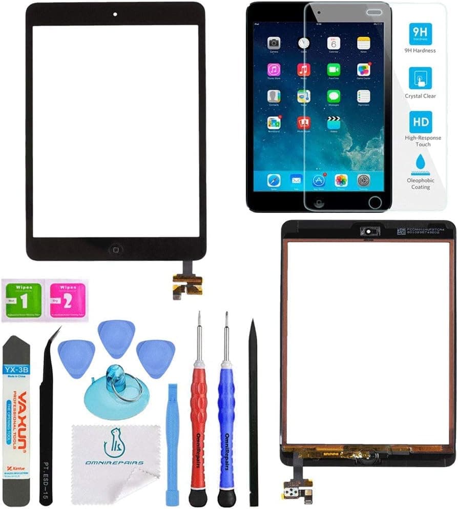 OmniRepairs Glass Touch Screen Digitizer OEM Assembly with Home Button IC Chip Compatible for iPad Mini 1st and 2nd Generation Model with Adhesive Tape, Screen Protector and Repair Toolkit (Black)