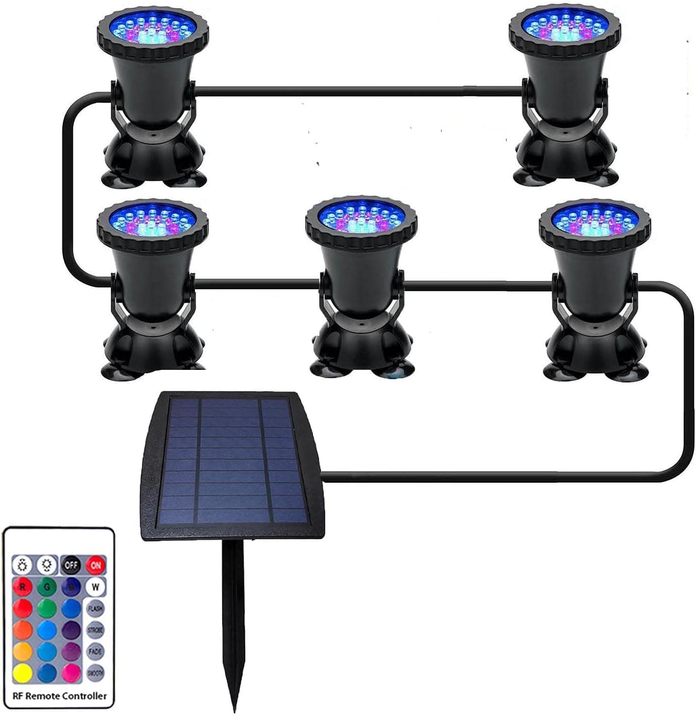 GZKANFUL Solar Pond Lights, RGB Submersible Fountain Lights Color Changing Spotlights IP68 Waterproof Yard Spot Lights Remote Control Dim Adjustable for Garden Outdoor, 5 Lights in Set